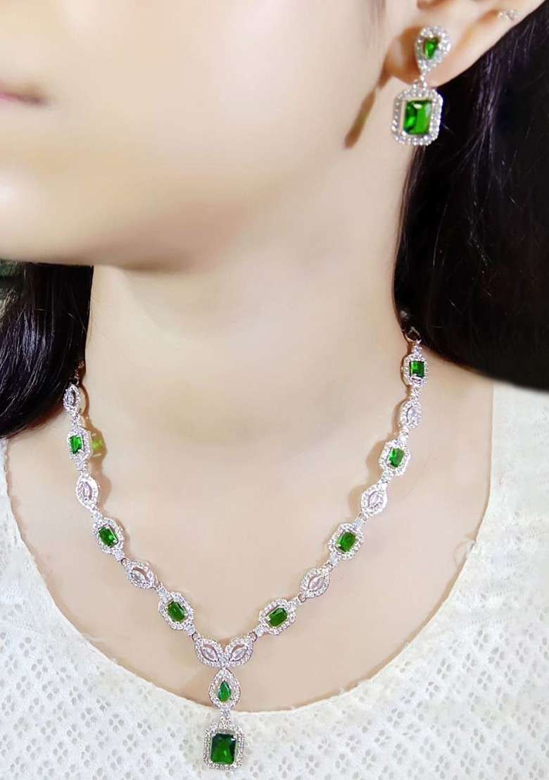 Silver Plated American Diamond Studded Elegant Jewellery Set - Indya