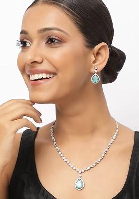 Silver Plated Ad Stones Studded Necklace And Earrings