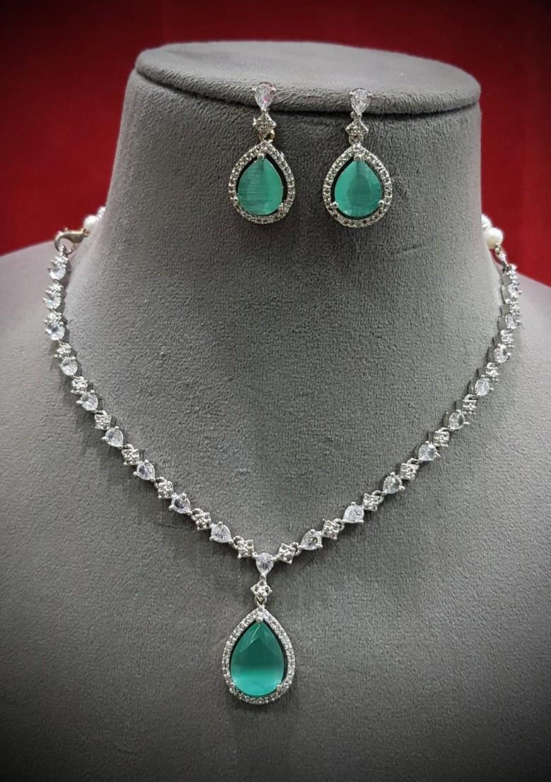 Silver Plated Ad Stones Studded Necklace And Earrings
