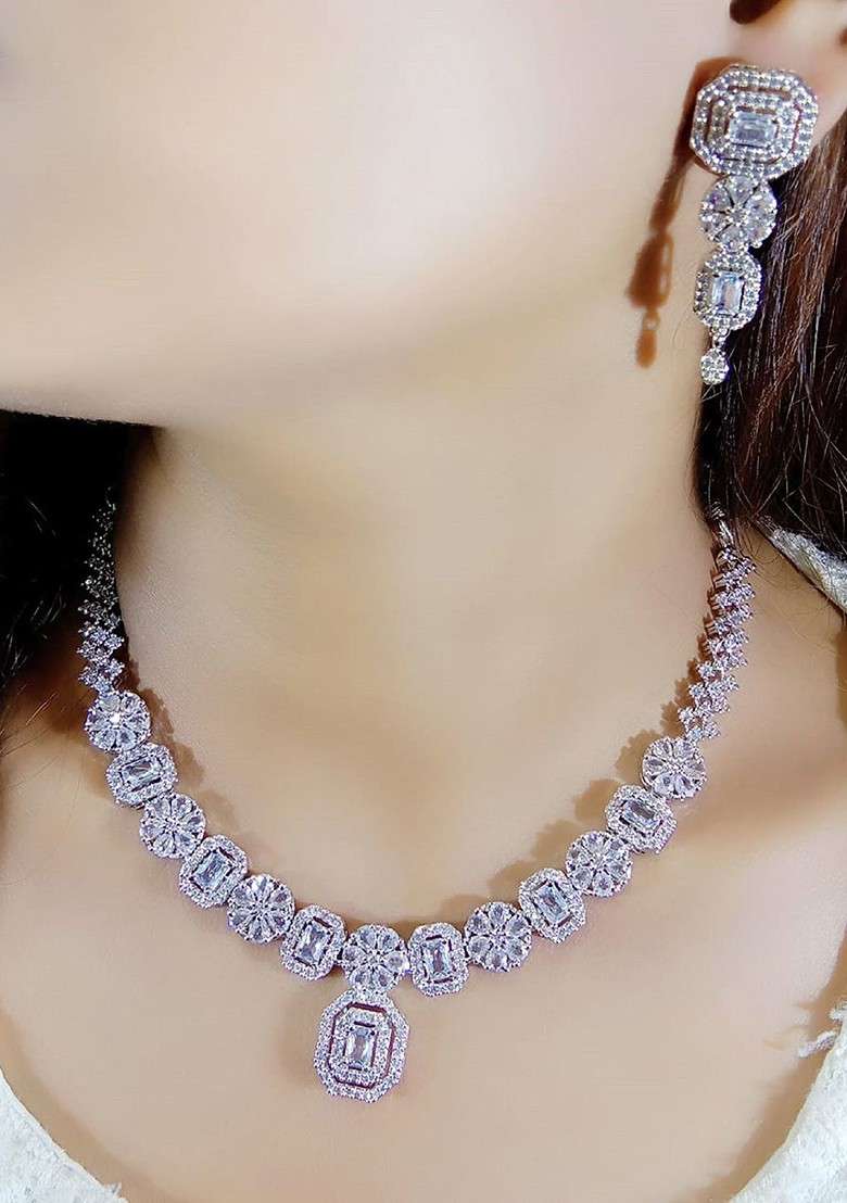 White Sliver Plated Ad Stone Studded Jewellery Set - Indya