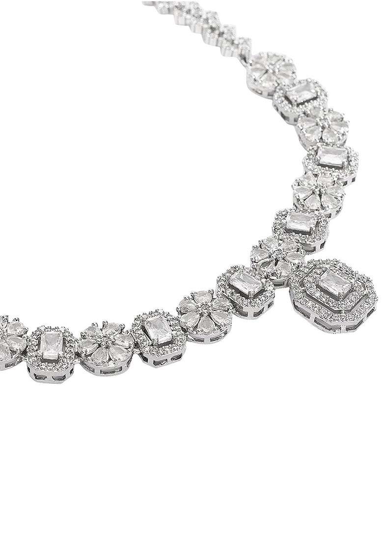 White Sliver Plated Ad Stone Studded Jewellery Set - Indya