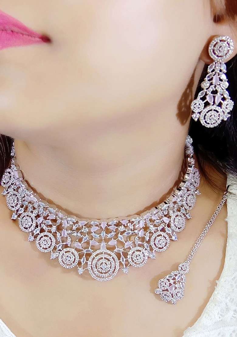 Pink Silver Plated American Diamond Studded Jewellery Set - Indya