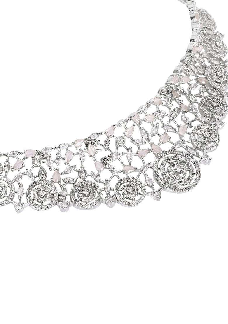 Pink Silver Plated American Diamond Studded Jewellery Set - Indya