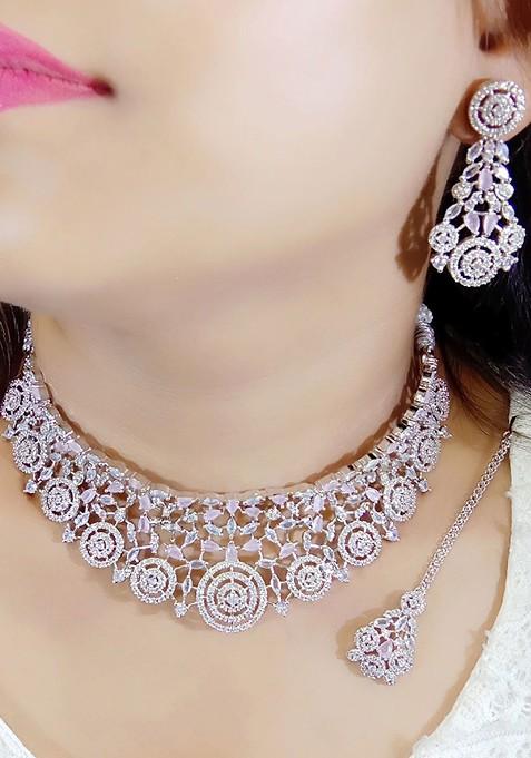 Pink Silver Plated American Diamond Studded Jewellery Set