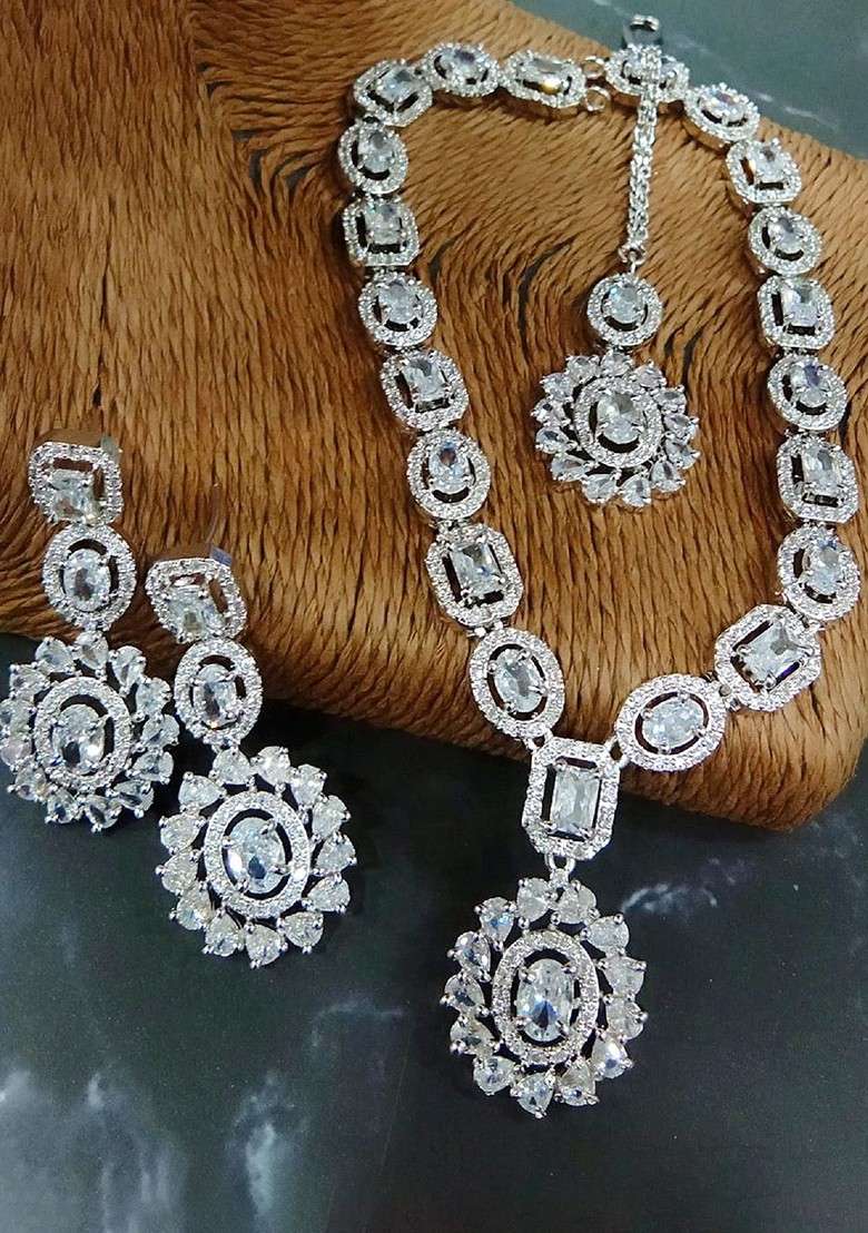Silver Plated American Diamond Stone Studded Jewellery Set - Indya