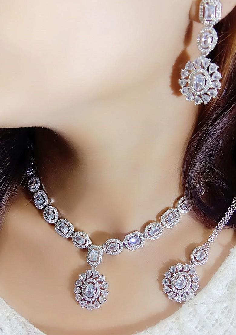 Silver Plated American Diamond Stone Studded Jewellery Set