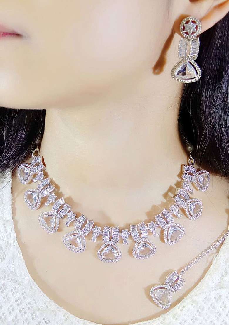 Silver Plated American Diamond Studded Elegant Jewellery Set - Indya
