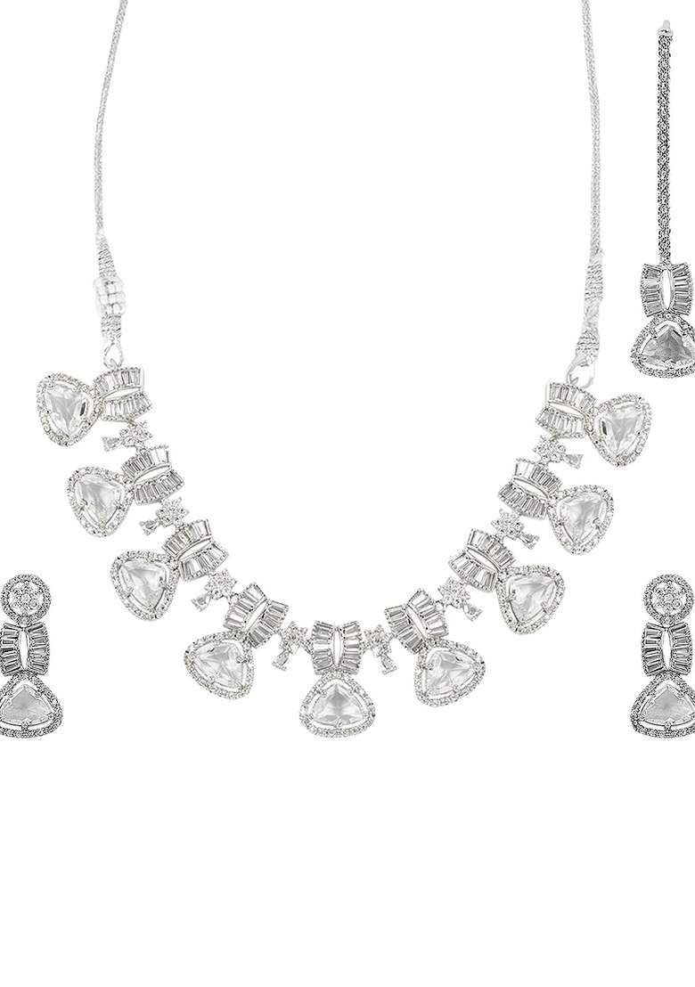 Silver Plated American Diamond Studded Elegant Jewellery Set - Indya