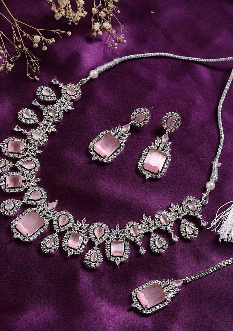 Silver Plated Ad Studded Necklace And Earrings With Maang Tika