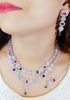 Silver Plated Ad Stone Studded Layered Jewellery Set