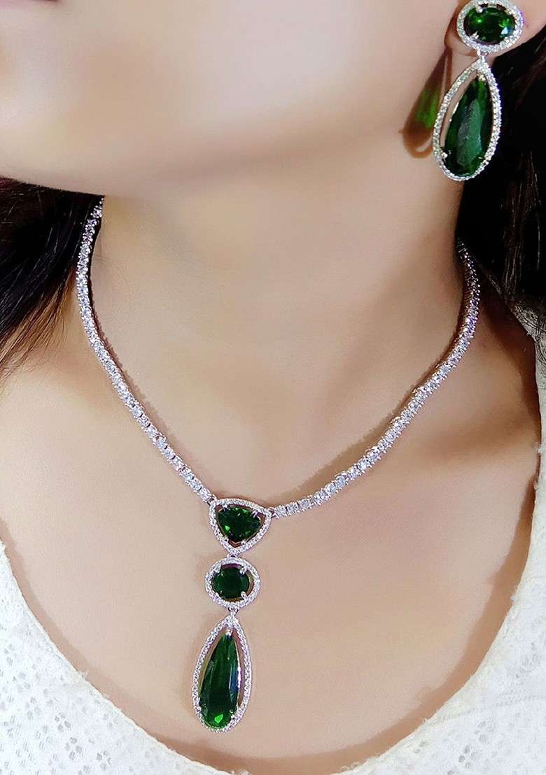 Green Sliver Plated Ad Stone Studded Jewellery Set - Indya