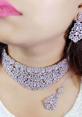 Silver Plated Ad Studded Necklace And Earrings With Maang Tika