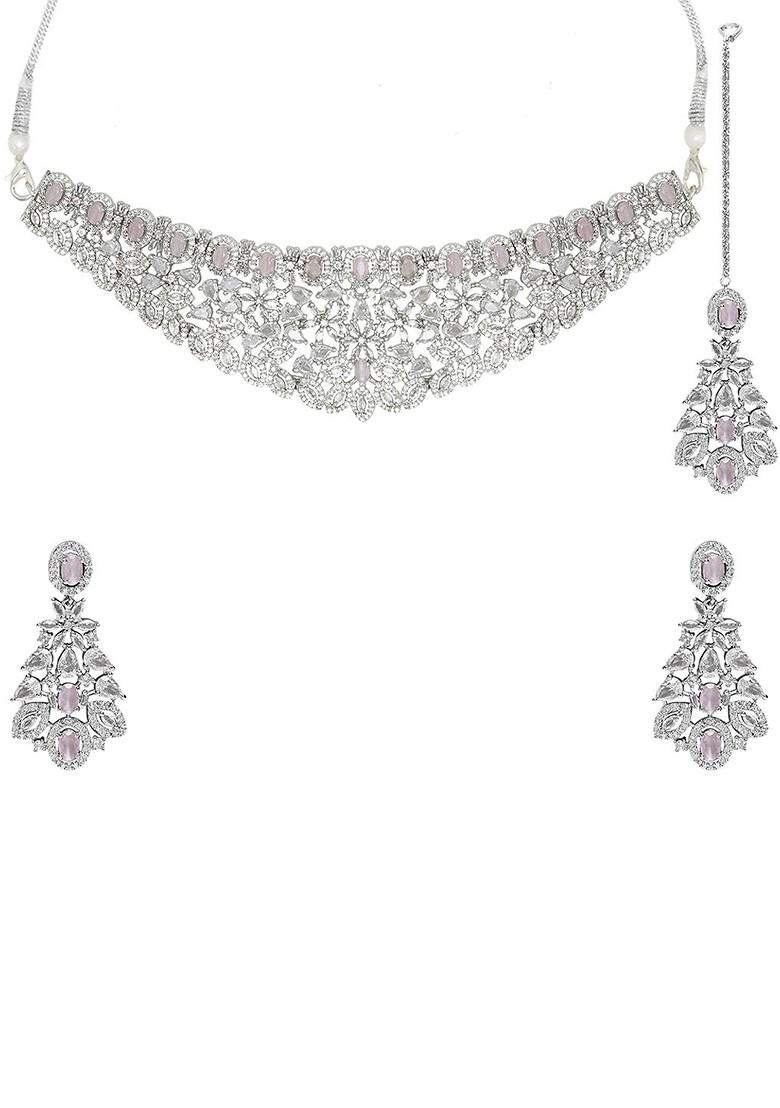 Silver Plated Ad Studded Necklace And Earrings With Maang Tika