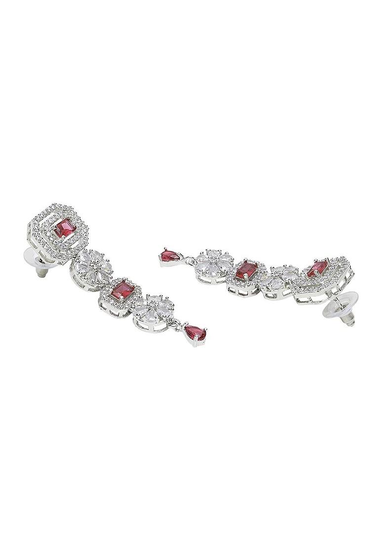 Red Silver Plated American Diamond Studded Jewellery Set