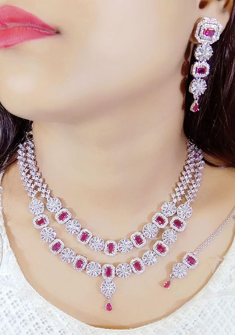 Red Silver Plated American Diamond Studded Jewellery Set