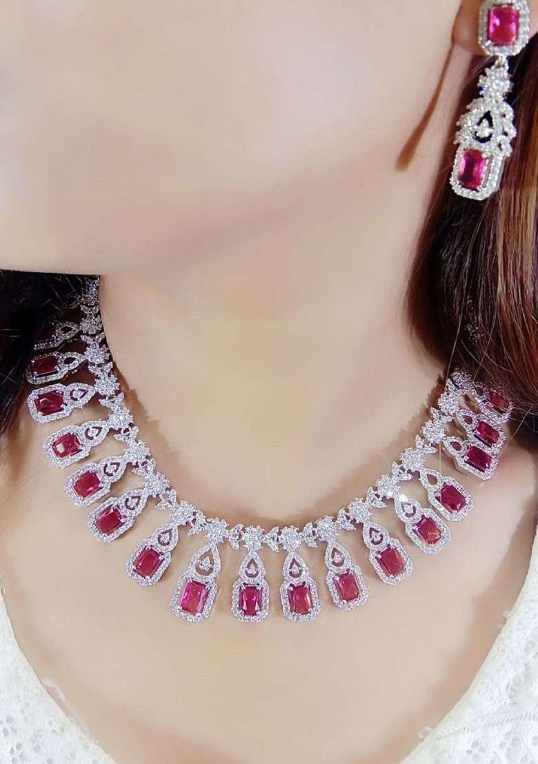 Silver Plated American Diamond Stone Studded Jewellery Set - Indya