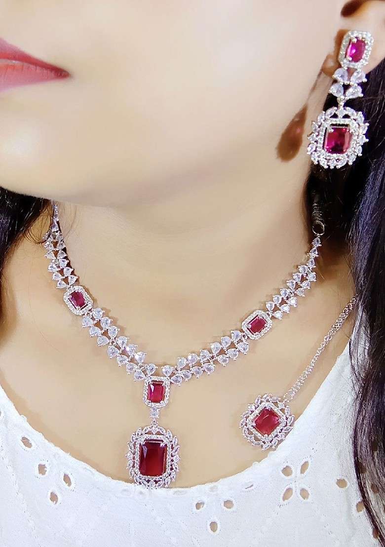 Silver Plated Ad Stone Studded Jewellery Set - Indya