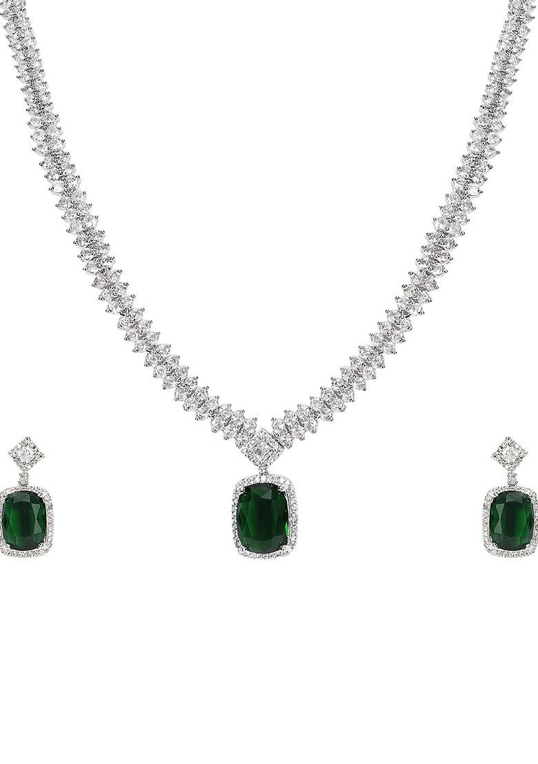 Green Silver Plated American Diamond Elegant Jewellery Set