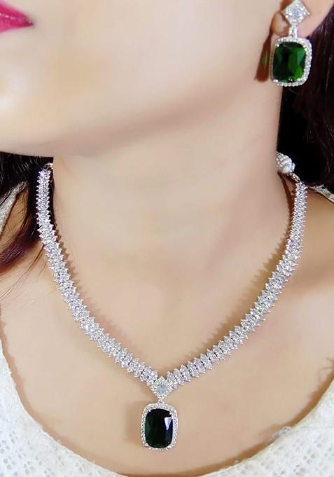Green Silver Plated American Diamond Elegant Jewellery Set
