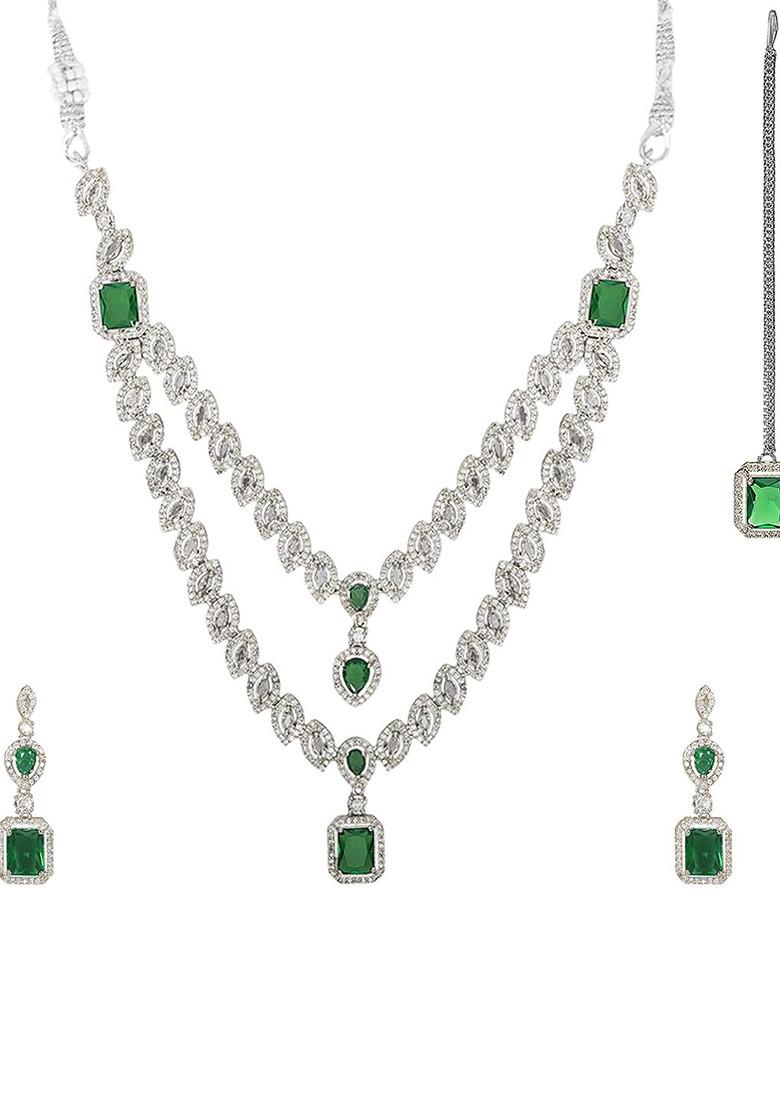 Green Silver Plated American Diamond Necklace Set With Maang Tikka