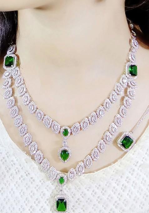 Green Silver Plated American Diamond Necklace Set With Maang Tikka