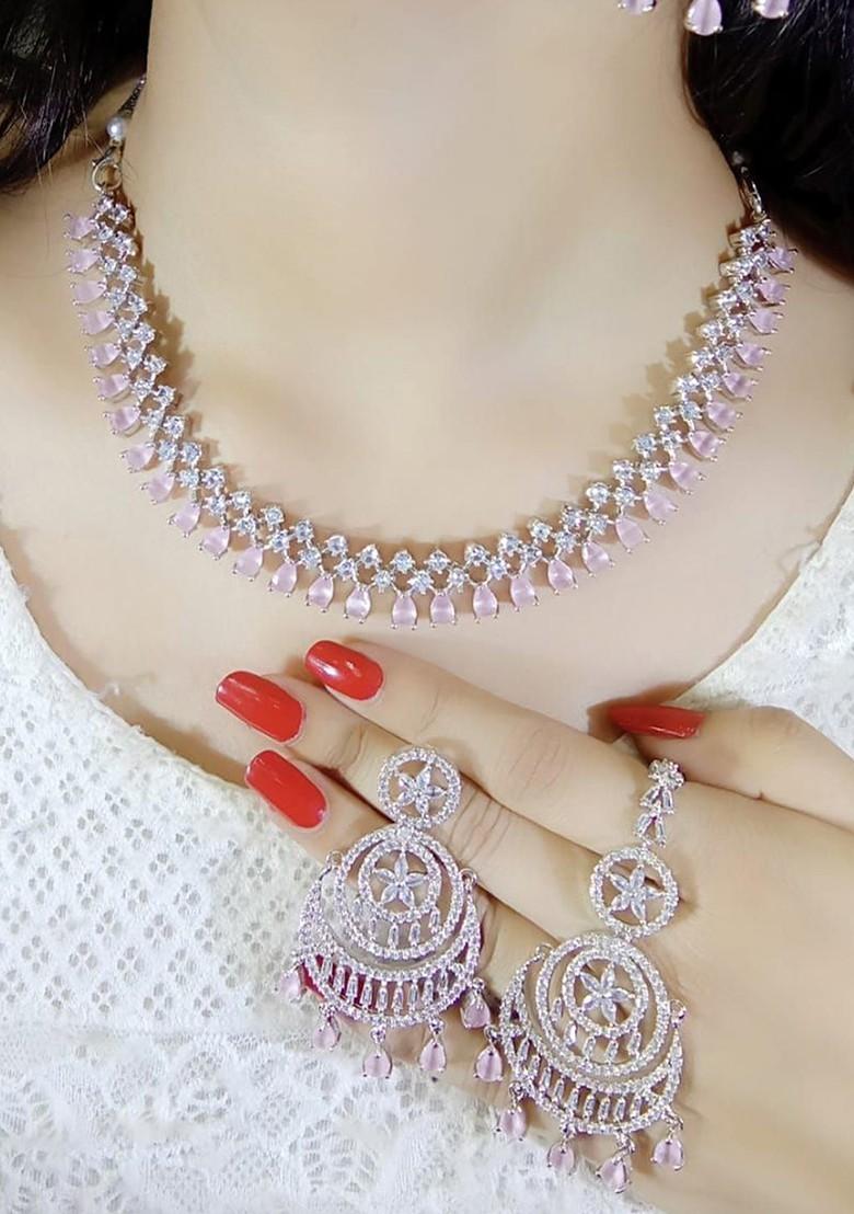 Pink Silver Plated American Diamond Necklace Set With Maang Tikka