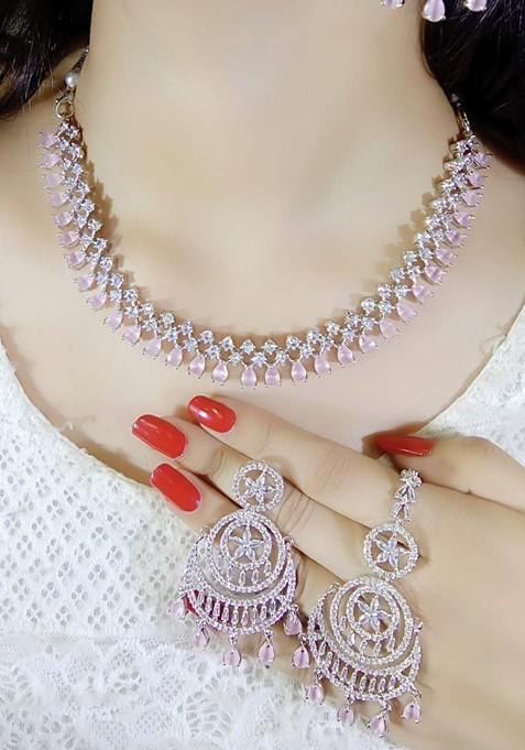 Pink Silver Plated American Diamond Necklace Set With Maang Tikka