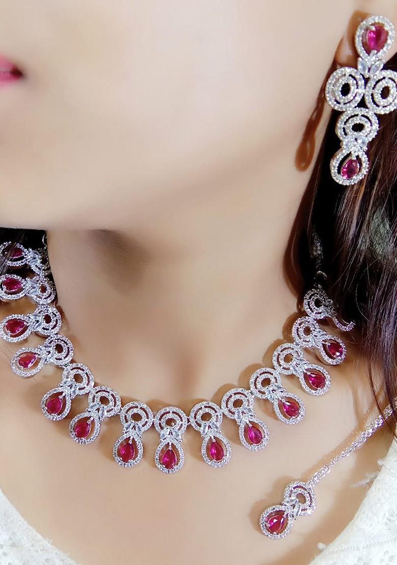 Red Silver Plated American Diamond Necklace Set With Maang Tikka