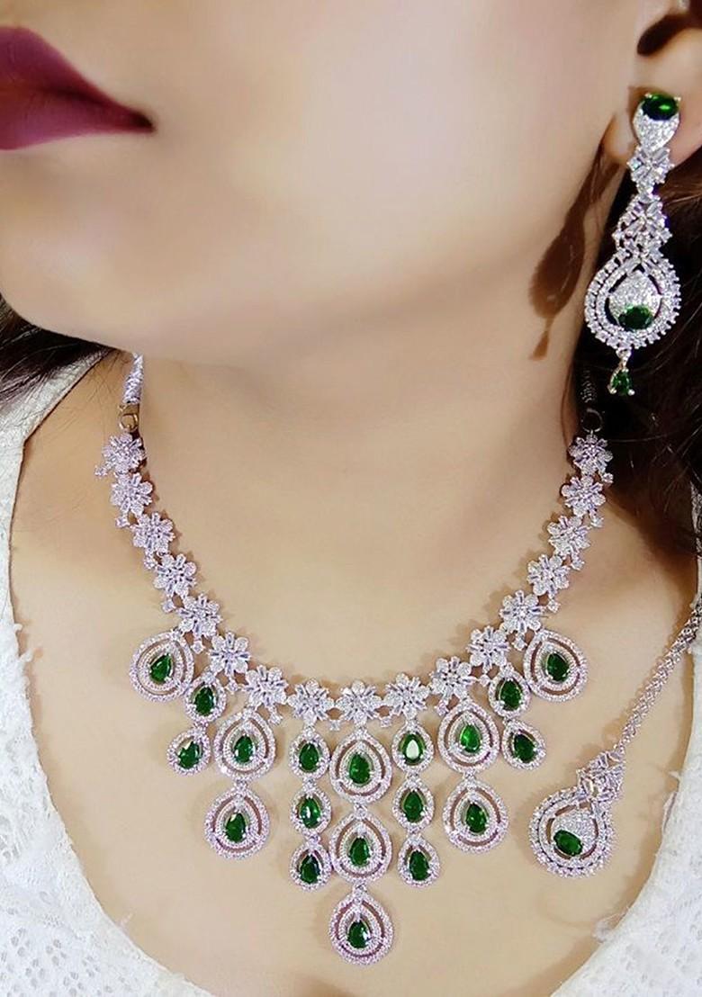 Green Silver Plated American Diamond Necklace Set With Maang Tikka
