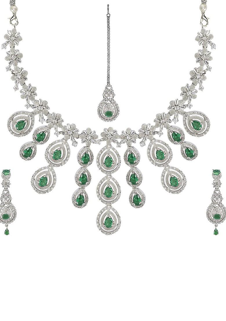 Green Silver Plated American Diamond Necklace Set With Maang Tikka