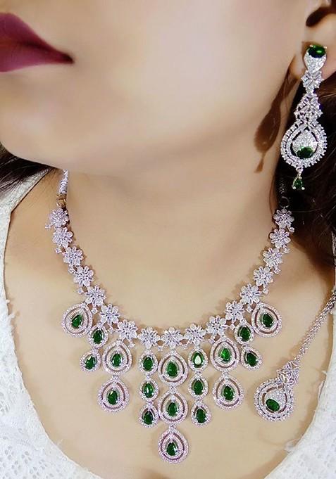 Green Silver Plated American Diamond Necklace Set With Maang Tikka
