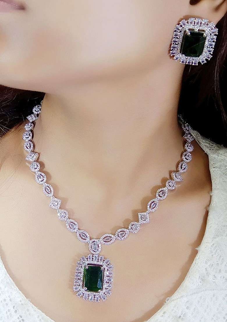 Silver Plated American Diamond Stone Studded Jewellery Set - Indya