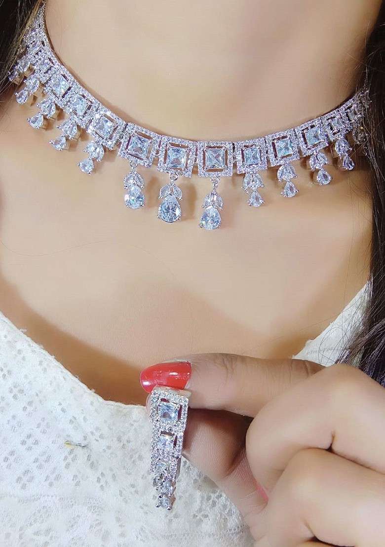 White Sliver Plated Ad Stone Studded Jewellery Set - Indya