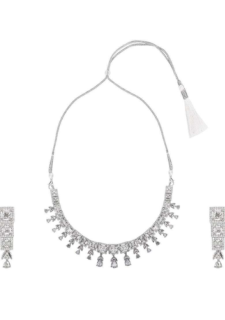 White Sliver Plated Ad Stone Studded Jewellery Set - Indya