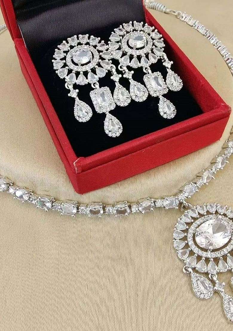 Silver Plated American Diamond Stone Studded Jewellery Set - Indya