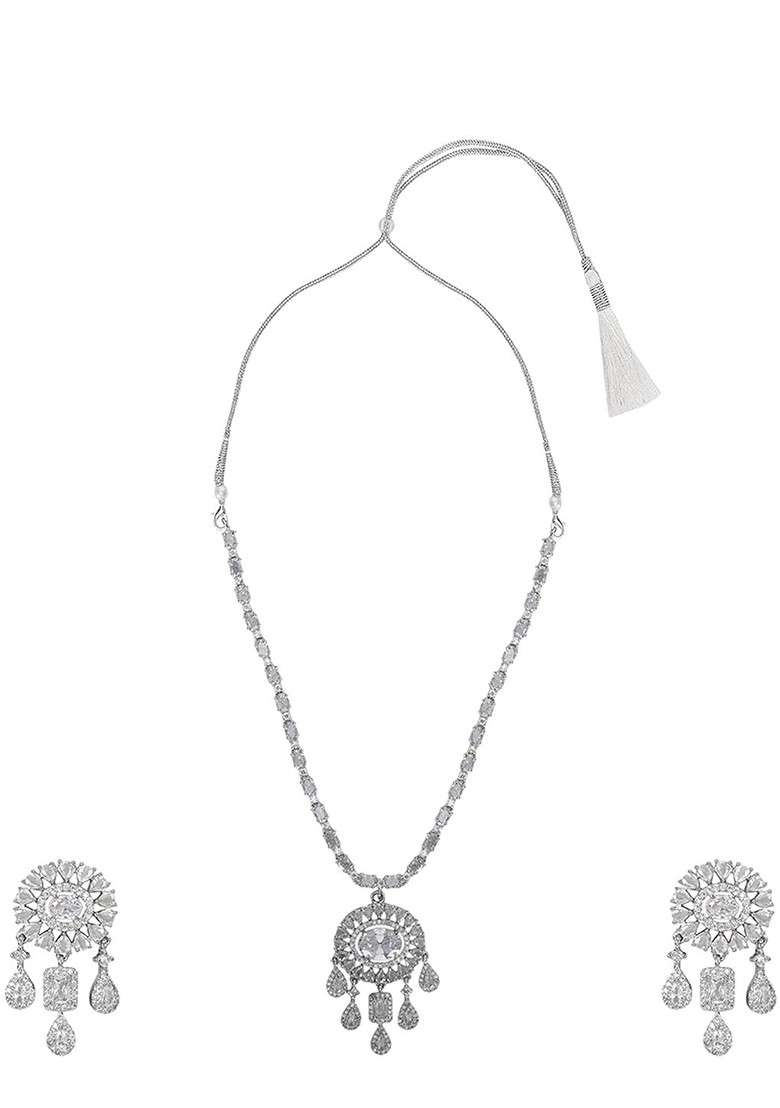 Silver Plated American Diamond Stone Studded Jewellery Set - Indya