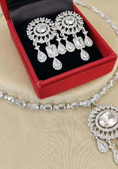 Silver Plated American Diamond Stone Studded Jewellery Set