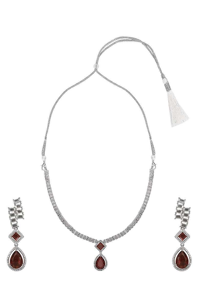 Red Silver Plated Ad Studded Jewellery Set - Indya