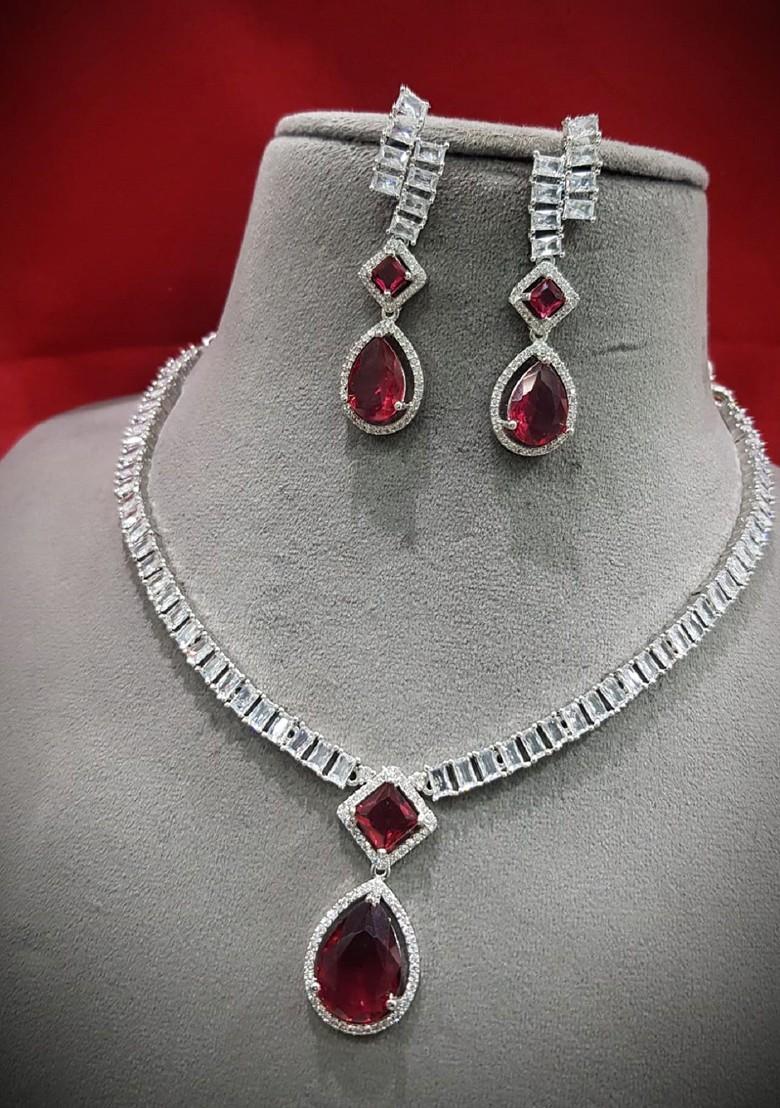 Red Silver Plated Ad Studded Jewellery Set