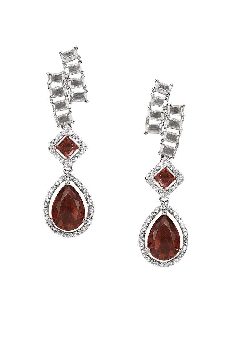Red Silver Plated Ad Studded Jewellery Set - Indya