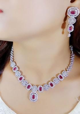 Red Silver Plated American Diamond Elegant Jewellery Set