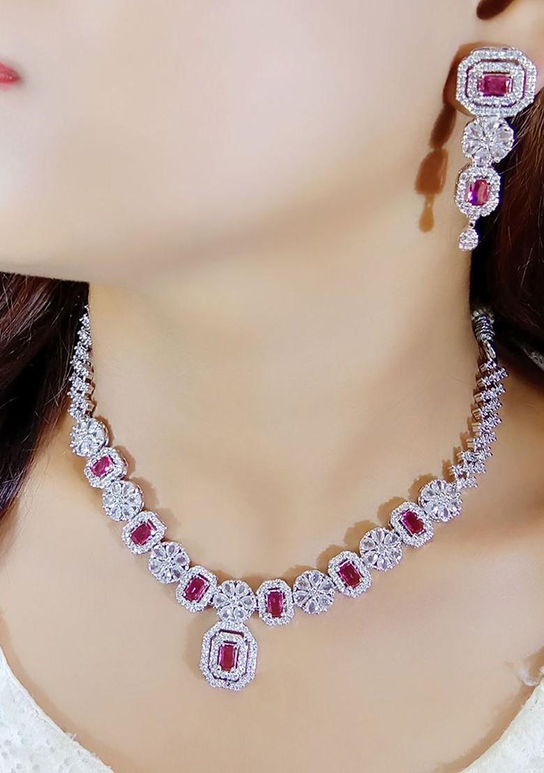 Red Silver Plated American Diamond Elegant Jewellery Set
