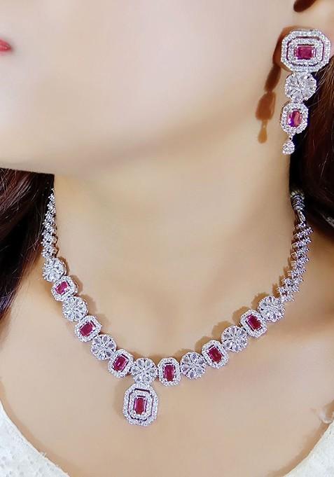 Red Silver Plated American Diamond Elegant Jewellery Set