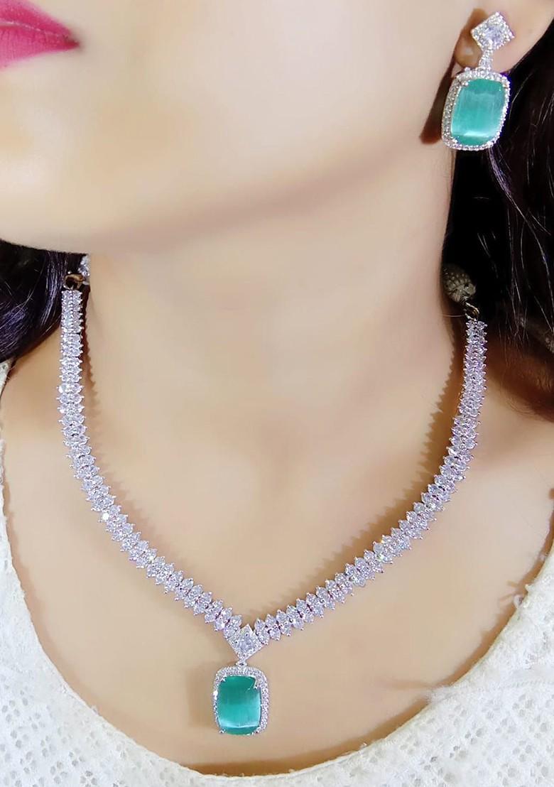 Green Silver Plated American Diamond Jewellery Set