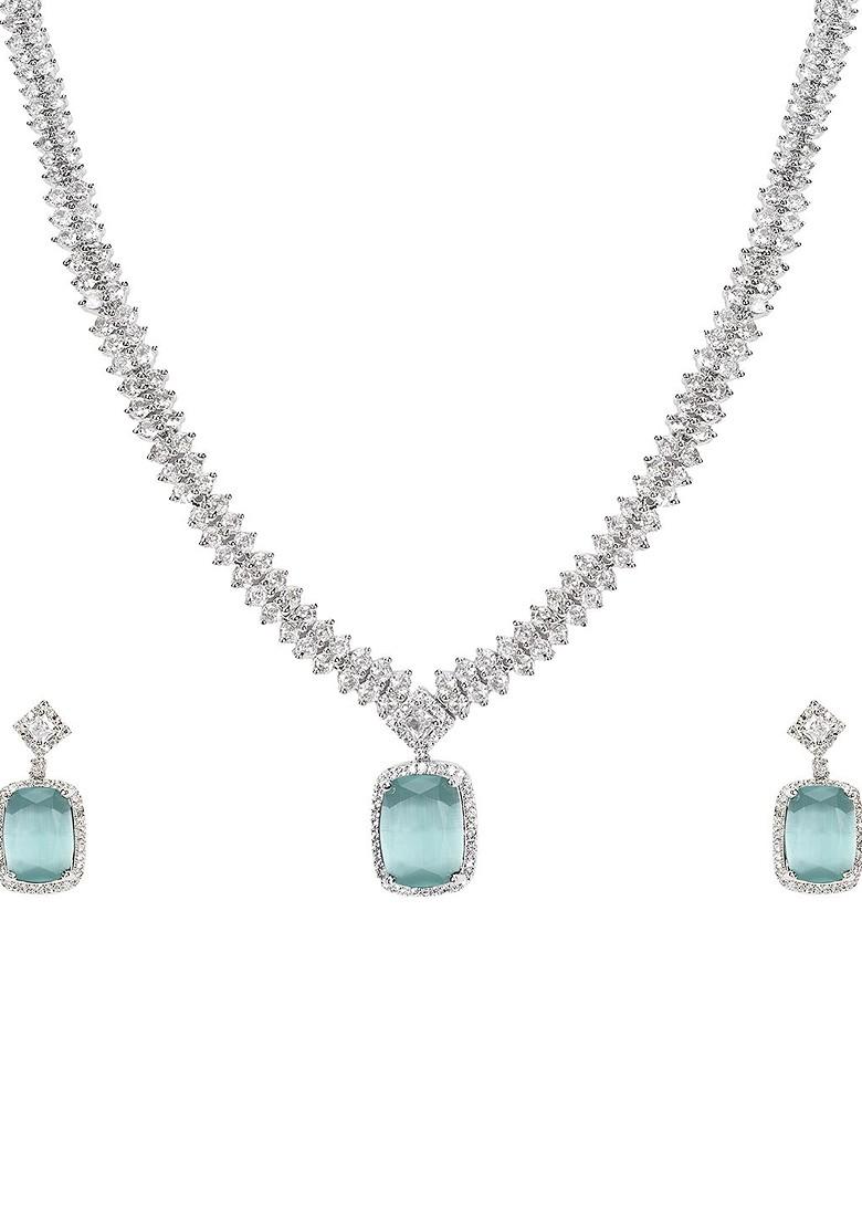 Green Silver Plated American Diamond Jewellery Set