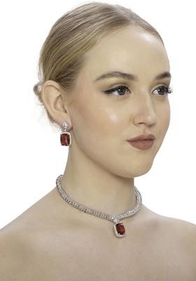 Silver Plated Ad Studded Necklace And Earrings
