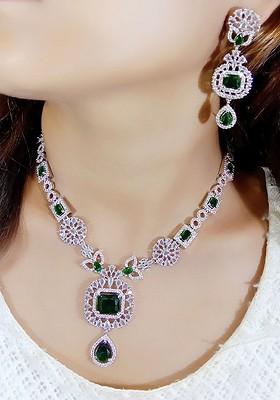 Green Sliver Plated Ad Stone Studded Jewellery Set