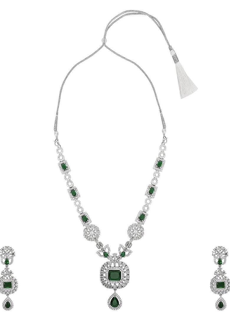 Green Sliver Plated Ad Stone Studded Jewellery Set