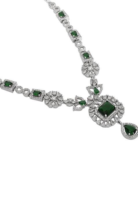Green Sliver Plated Ad Stone Studded Jewellery Set