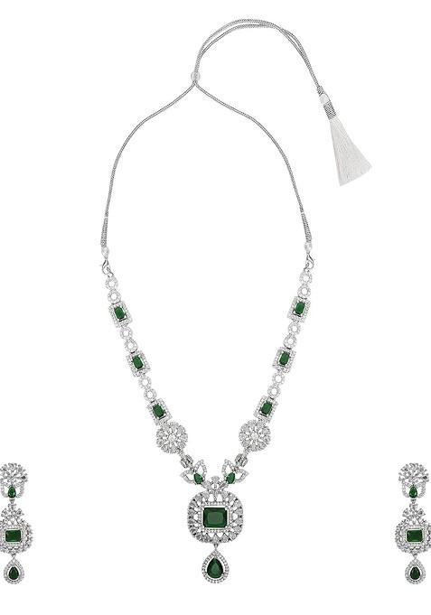 Green Sliver Plated Ad Stone Studded Jewellery Set